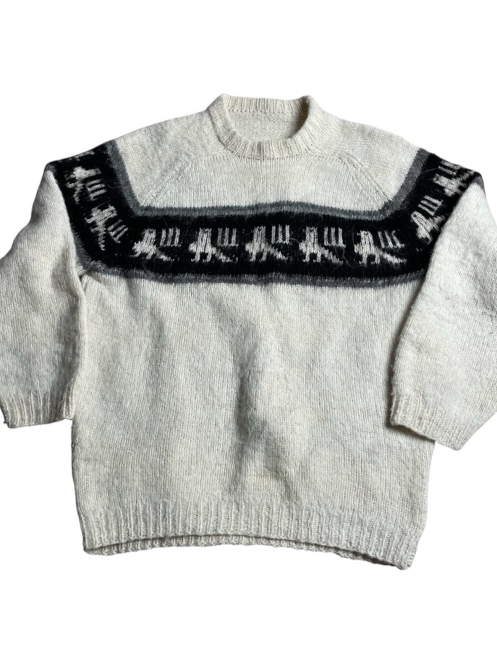 Vintage Hand-Knitted Nordic Horse Yoke Sweater – 100% Sheep Wool, Size M/L